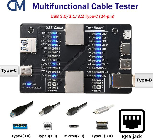 diymore Multifunktionaler USB 3.0 Kabeltester und Fehlerdetektor für RJ45, Lightning und Micro-B in Schwarz - Bild 1