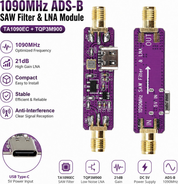 Gaqqee ADS-B Aktiver SAW-Filter LNA Rauscharmes Verstärkermodul Typ C Schnittstelle TA1090EC+TQP3M900 in Lila - Bild 1