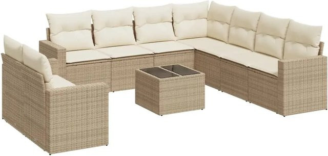 vidaXL 10-teilige Garten-Sofagarnitur aus Poly-Rattan in Beige mit Kissen und pulverbeschichtetem Stahlgestell - Bild 1