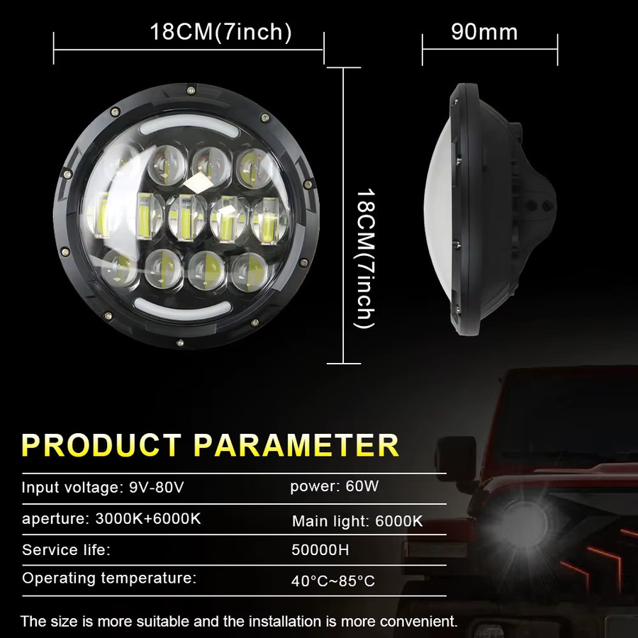 QIDEWIN 7-Zoll LED-Scheinwerfer H4 H13 mit Angel Eyes und DRL Tagfahrlicht in Schwarz für Jeep Wrangler Offroad und Suzuki Samurai - Bild 2