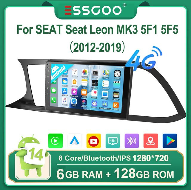 ESSGOO Android Autoradio mit 9 Zoll QLED Touchscreen, 6 GB RAM + 128 GB Speicher, Wireless Apple CarPlay und Android Auto für SEAT Leon MK3 5F1 5F5 (2012-2019), inklusive GPS, 4G, WIFI und Navigation, Schwarz - Bild 1