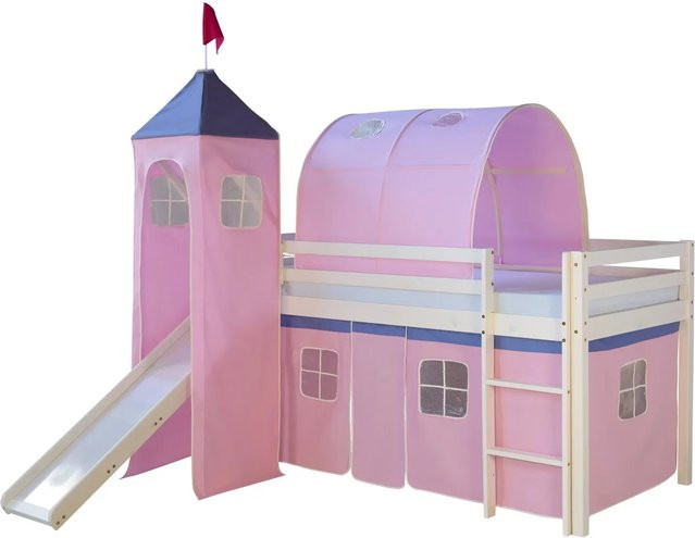 Homestyle4u Kinder Hochbett aus Kiefernholz mit Rutsche und Vorhang in Weiß und Rosa, B/T: 90 x 200 cm - Bild 1