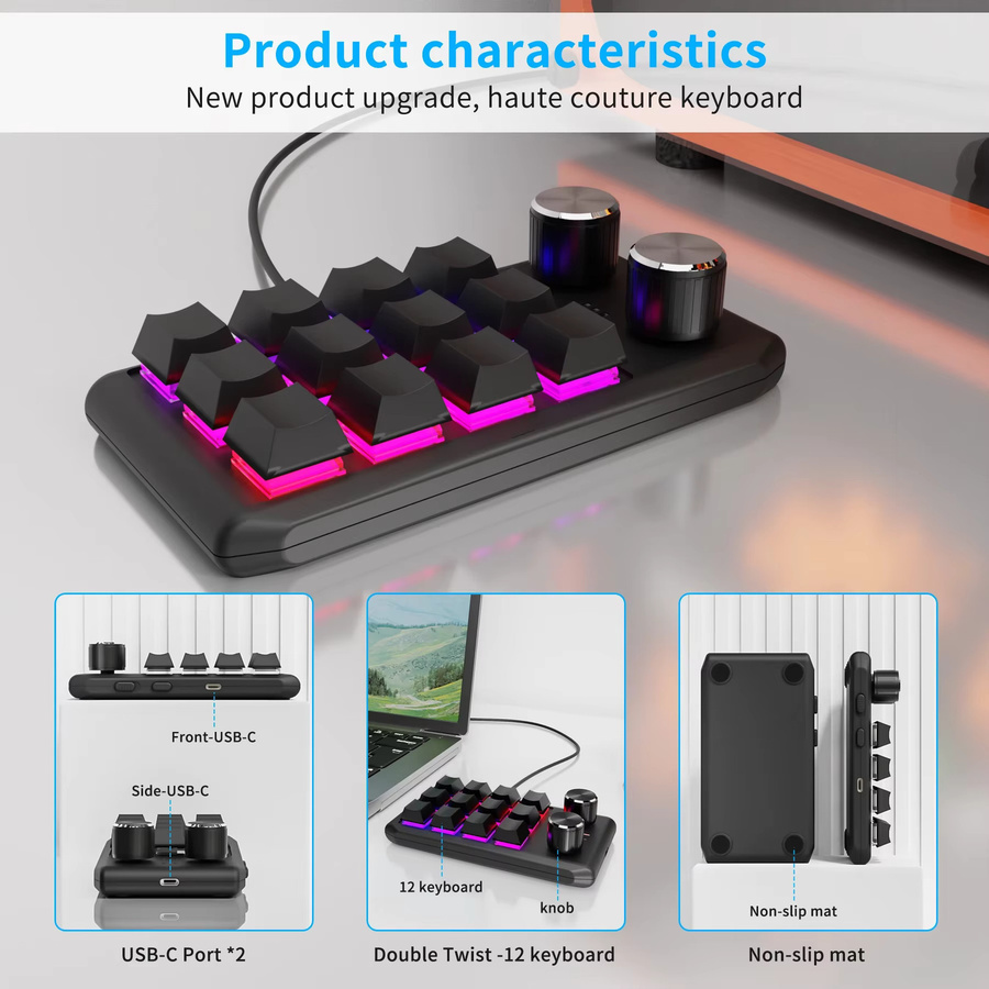 Ammtoo Bluetooth Makro-Tastatur mit 12 Tasten und 2 Knöpfen, mechanische Gaming-Tastatur in Schwarz mit Hot-Swap-Funktion und USB-Programmierung für Photoshop und Spielkonsolen - Bild 5