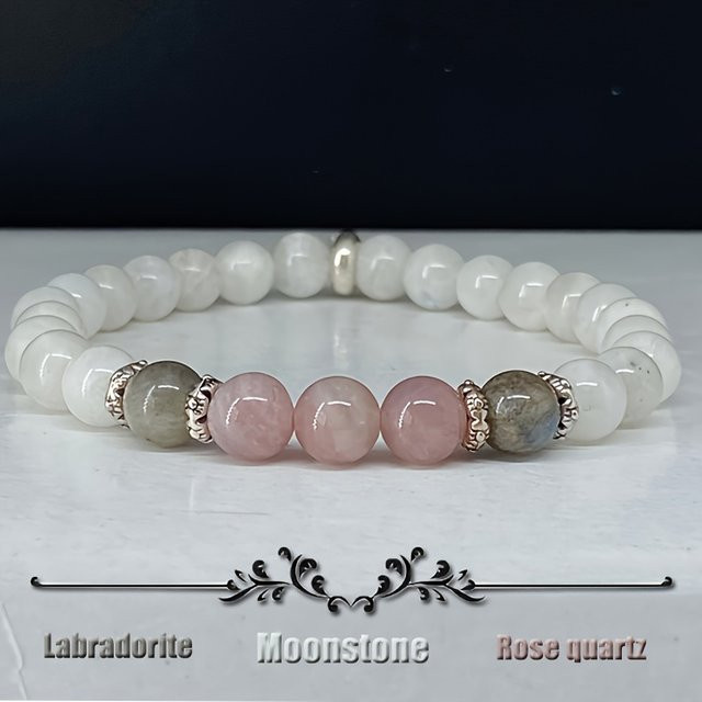 Armband Silber, Mondstein, Labradorit, Rosenquarz, Unisex - Bild 1