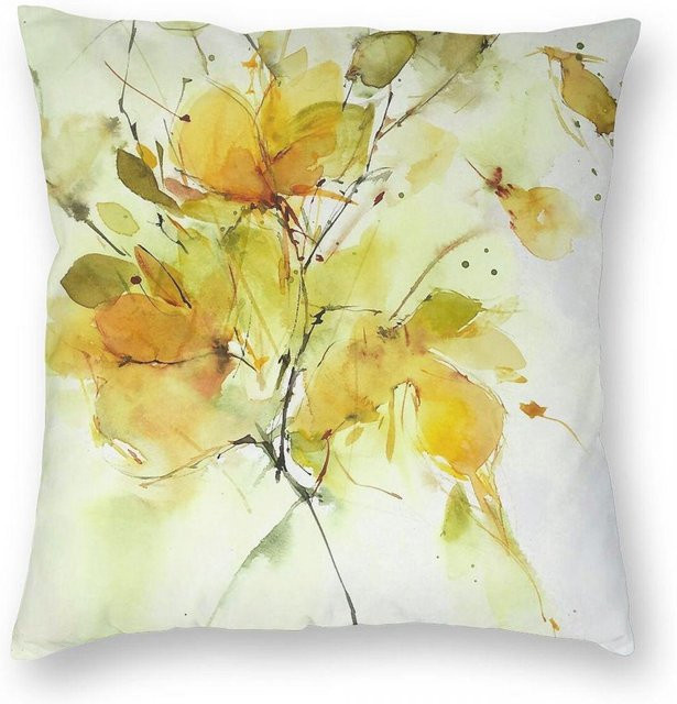Green Harvest Quadratische Kissenhülle mit Blumenmuster in Gelb, Materialmix aus Polyester, Leinen und Samt, B/B: 35 x 35 cm - Bild 1