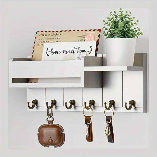 XYNN Wandmontierter Schlüsselhalter aus Holz und Metall in Weiß mit Haken im Landhausstil - Bild 1