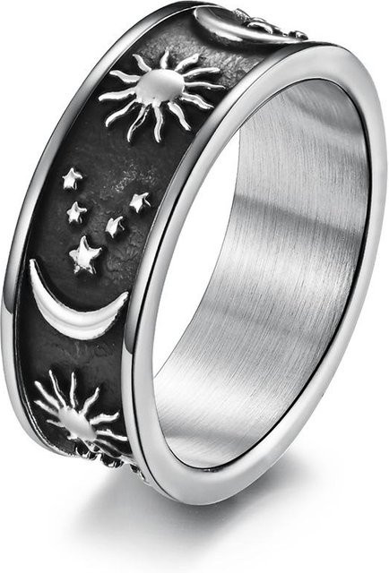 Stern Mond Sonne Edelstahlring, Titanstahl, Unisex, black - Bild 1