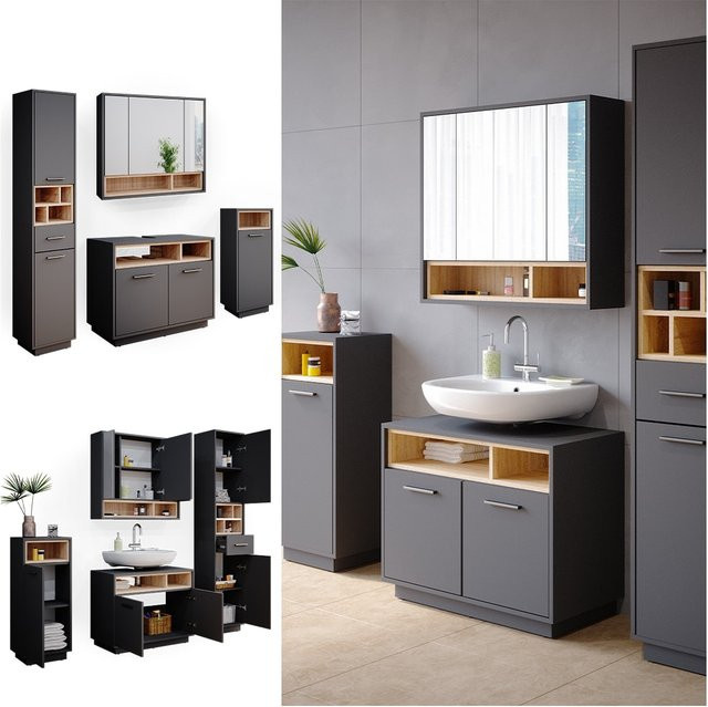 Vicco Badmöbel-Set Beatrice in Anthrazit mit Spiegelschrank, Waschtisch und Hochschrank - Bild 1
