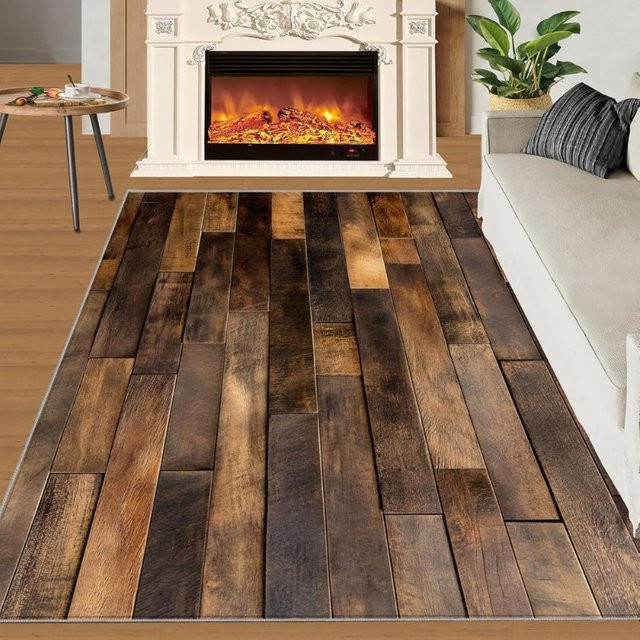 Rutschfester Patchwork Teppich im Vintage Distressed Holz Design für Wohnzimmer Schlafzimmer und Flur in Braun - Bild 1