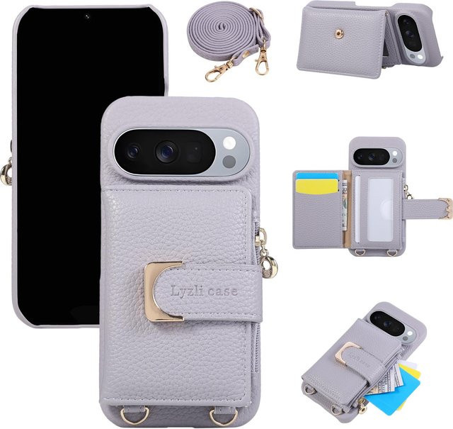 HQBBRO Business Umhängetasche aus Leder mit Reißverschluss und Kartensteckplatz für Google Pixel 8 in Lichtlila - Bild 1