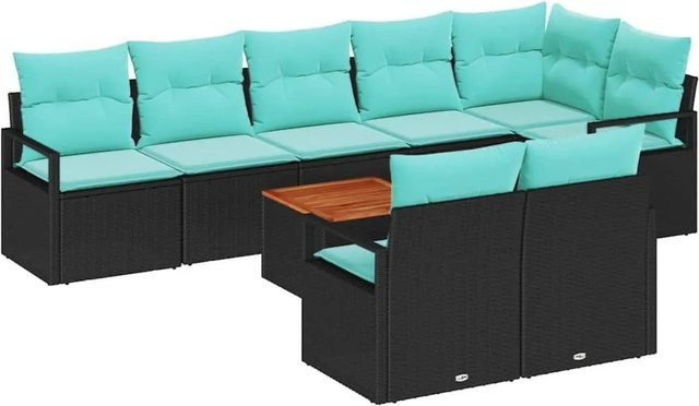 vidaXL Gartensofa-Set 9-teilig aus Poly-Rattan in Schwarz mit Kissen und Couchtisch für Terrasse und Balkon - Bild 1