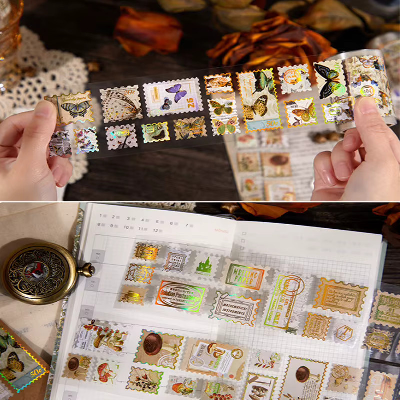 6 Rollen Retro Washi Tape Set mit Schmetterling, Planeten und Pilz Motiven in Lila und Mehrfarbig für deine Collagen und Dekorationen - Bild 5