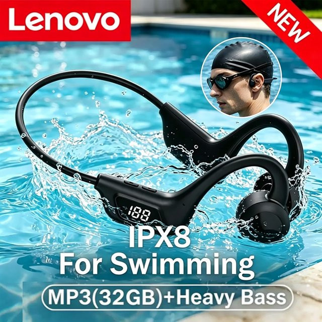 Lenovo Bluetooth Knochenleitungs-Kopfhörer für Sport und Schwimmen in Schwarz mit Mikrofon und Freisprechfunktion - Bild 1