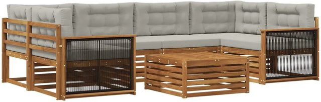 vidaXL Outdoor-Sofagarnitur in L-Form aus massivem Akazienholz mit 7 Kissen in Natur und Grau - Bild 1