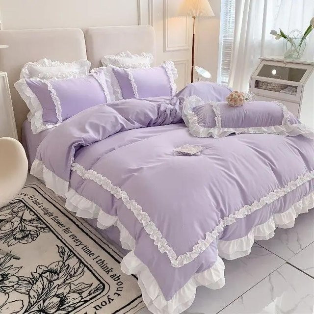 Luxus Bettwäsche-Set aus gewaschener Baumwolle mit Spitzenrüschen und floralem Design, 4-teilig, Violett, B/H: 200 x 230 cm - Bild 1