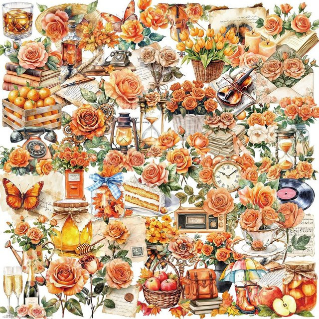50 Stück transparente PET Aufkleber mit orangefarbenen Blumenknospen von AnimeWorlds Store für dein Sammelalbum, Notebook oder zur Dekoration von Gitarren - Bild 1