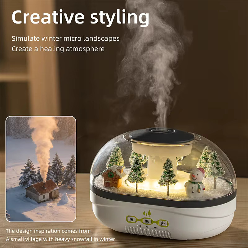 JFBONIN Schneemann-Landschafts-Aroma-Luftbefeuchter mit buntem Licht, Ultraschall-Diffusor für ätherische Öle in Weiß - Bild 4