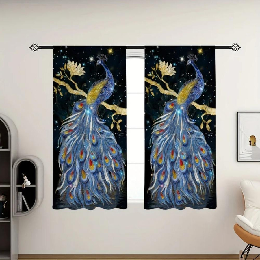 2er-Set Yiran Furniture Dekorative Vorhänge mit Pfauenmuster in Multicolour, halbtransparent, B: 100 cm, H: 130 cm - Bild 2