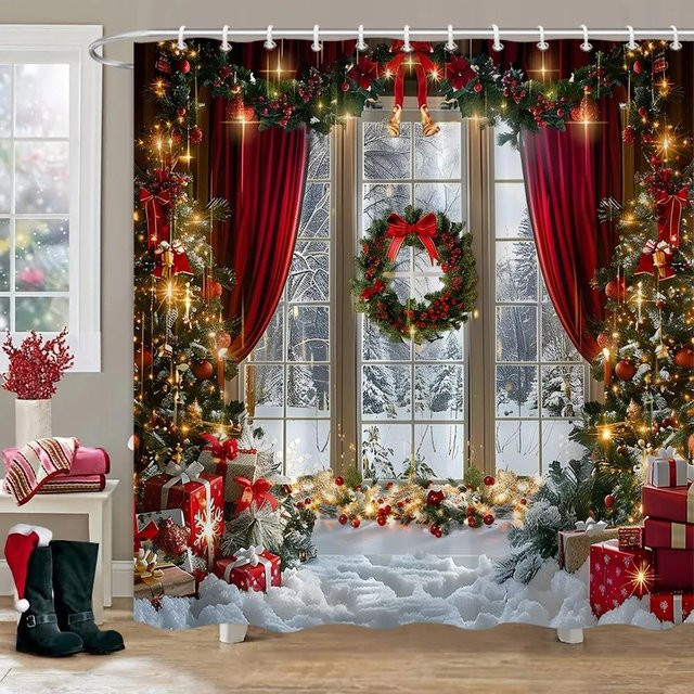 Duschvorhang Weihnachtsbaum Winterwald Naturlandschaft mit Zeder, Farbe: Rot, B x H: 90 x 180 cm - Bild 1