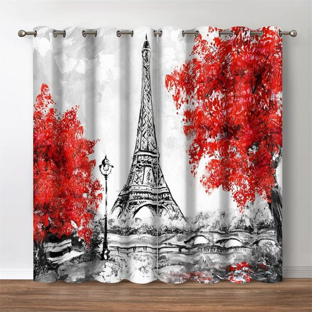 Aurora Vorhänge mit 3D Blumenmuster und Streifen in Blau und Rot, 2 Paneele aus Polyester, Breite: 50 cm, Höhe: 130 cm - Bild 1