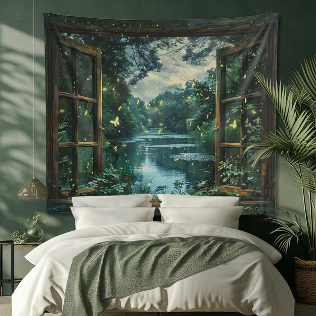 JMG Household Supplies Wandteppich mit Glühwürmchen-Motiv, Naturlandschaft Wald und Fluss, Mehrfarbig, B/H: 40 x 60 cm - Bild 1