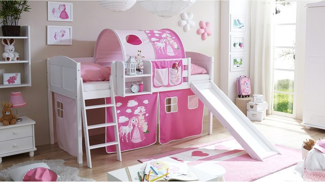 TiCAA Hochbett Ekki Country für Kinder mit Rutsche aus Kiefer in Weiß mit Motiv - Bild 1
