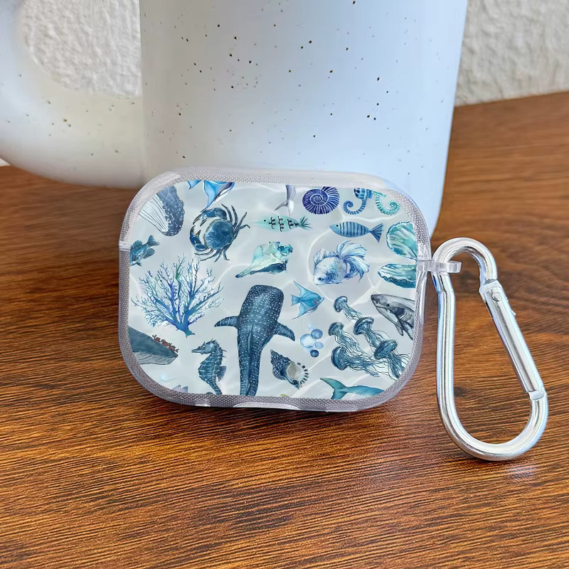 Marine Life Kopfhörerhülle für Apple AirPods Pro 2/3/Pro und AirPods 4/3/2/1 mit blauem Meeresschildkröten- und Walhai-Print - Bild 2