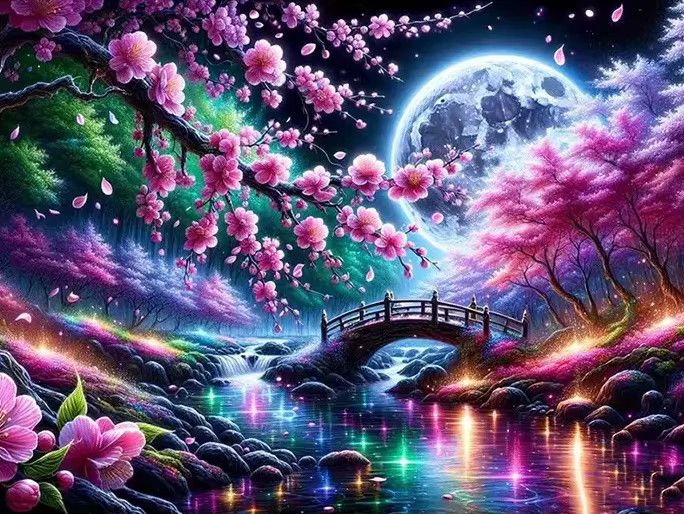 Potdemiel 5D Diamantgemälde DIY Landschaft mit Brücke, Fluss und Mond für Erwachsene und Anfänger - Bild 3