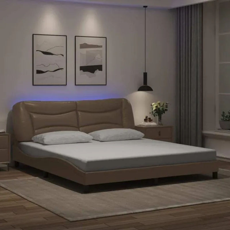 Modernes Polsterbett Hvar von vidaxl mit LED-Beleuchtung aus Kunstleder in Cappuccino-braun, B/T: 180 x 200 cm - Bild 1