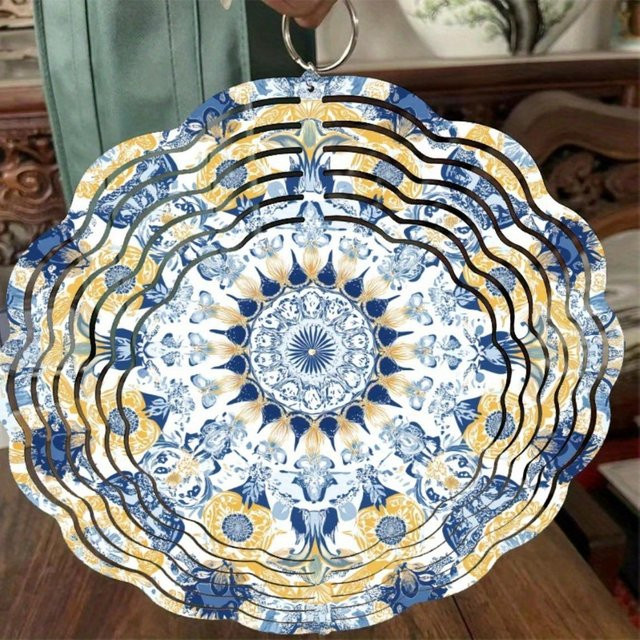 HELLOYOUNG Mandala-Windspiel aus Metall in Blau und Gold mit Blumenmuster als hängende Außendekoration - Bild 1