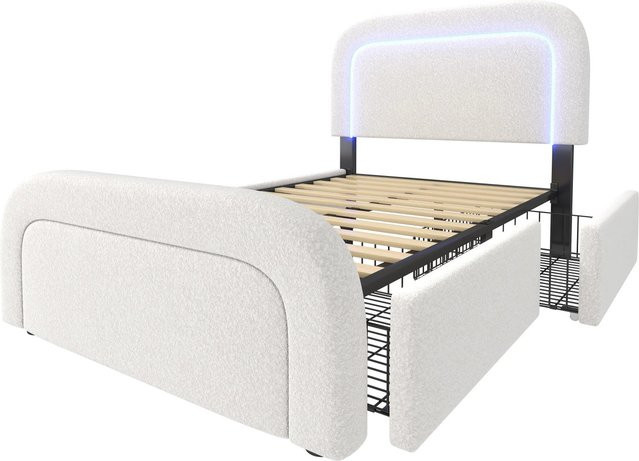 okwish Polsterbett mit LED-Beleuchtung, USB Type C Ladefunktion und 2 Schubladen, Farbe: Weiß, B/T/H: 90 x 200 x 102,5 cm - Bild 1