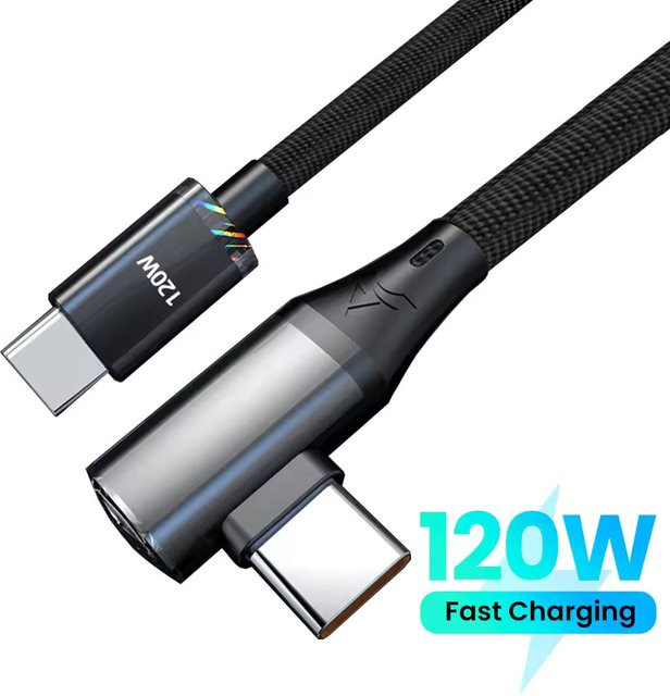 120W USB-C auf USB-C Kabel mit 90-Grad-Winkel für PD Quick Charge 4.0 in Schwarz - Bild 1