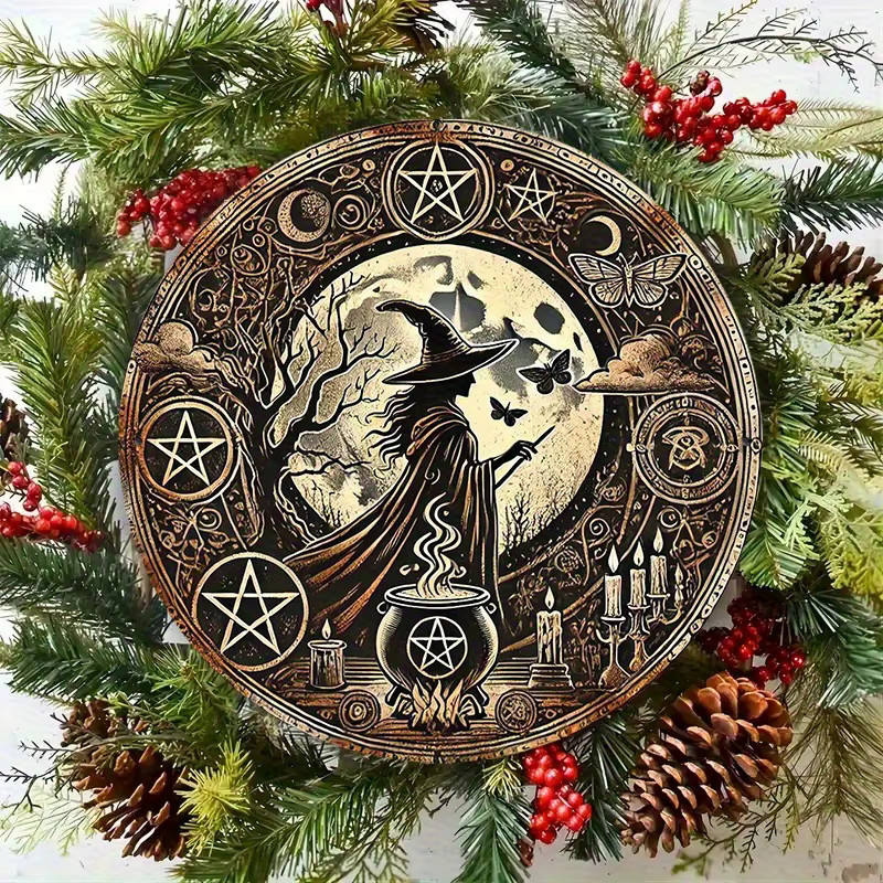 Potdemiel Retro Hexen Wandkunst aus Aluminium in Gold, runde Metall-Wanddekoration mit Kessel- und Mond-Design, Durchmesser: 20 cm - Bild 4