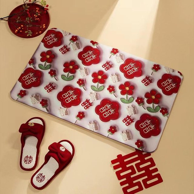 Rote Hochzeitsfußmatte mit floralem Design, saugfähig und rutschfest, Diatomeenerde-Dekoration für Eingangsbereich und Schlafzimmer - Bild 1