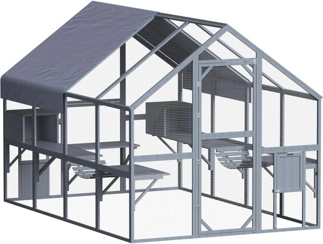 Wiltec Katzenfreigehege aus Holz in Grau, wetterfestes Freilaufgehege für Garten, Balkon oder Terrasse, B/T/H: 280 x 187 x 187 cm - Bild 1