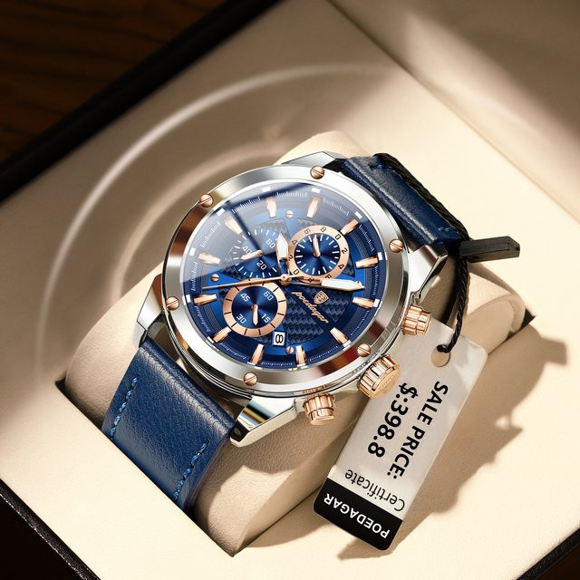 POEDAGAR Chronograph Armbanduhr, Quarz, Leder, Blau, Herren - Bild 1