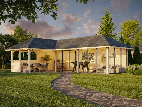 PALMAKO Pavillon Bianca Set 221 Slide aus Fichtenholz in Braun mit Alu-Schiebetüren und Eck-Tresenanlage, B/H/T: 876 x 319 x 588 cm - Bild 1