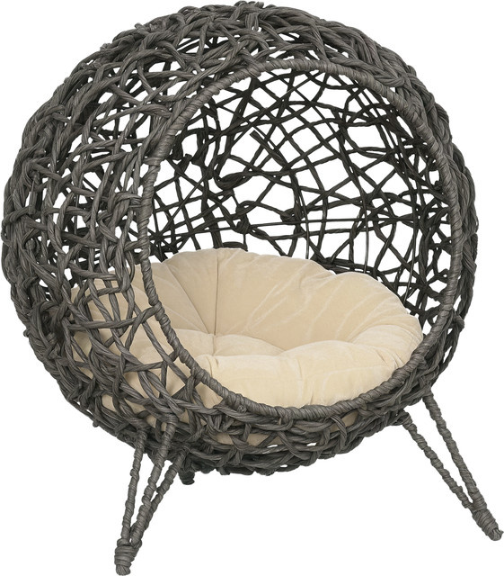 Aosom PawHut Katzenhaus aus Rattan mit Kissen und erhöhten Füßen, Silbergrau, Durchmesser: 52 cm, Höhe: 58 cm - Bild 1
