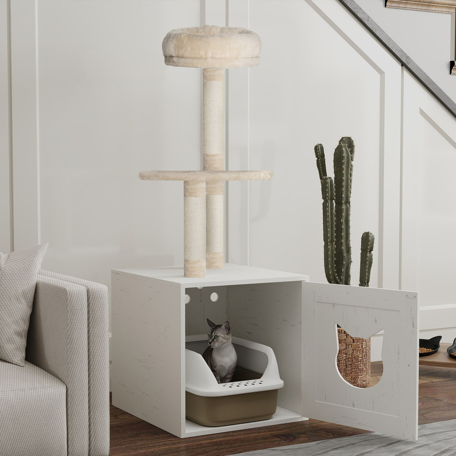 PawHut 2-in-1 Katzenbaum mit integrierter Katzentoilette und Katzenhöhle in Creme, Höhe: 129 cm - Bild 2