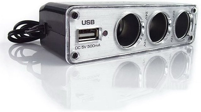 12V Auto Zigarettenanzünder Adapter mit 3-Wege-Mehrfachsteckdose und USB-Port in Schwarz für Telefon, GPS und DVR - Bild 1