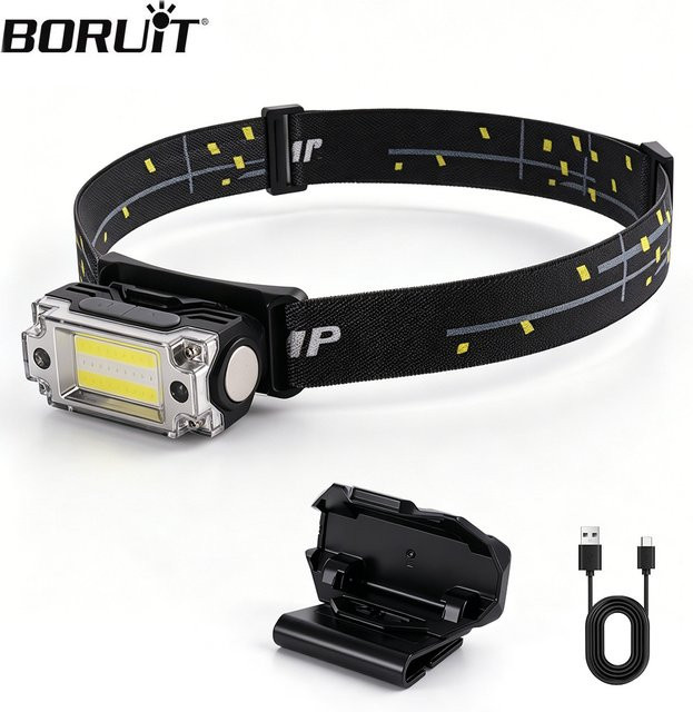 BORUiT T133 LED-Stirnlampe mit Bewegungssensor, Typ-C wiederaufladbare Kopflampe in Schwarz mit 5 Modi für Camping und Angeln - Bild 1