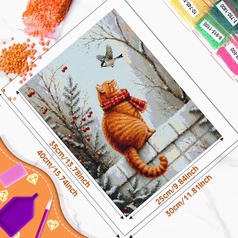 Huacan 5D Diamantmalerei Katze im Winter Motiv, buntes Tier-Landschaft-Diamantmosaik für Tischdekoration - Bild 2