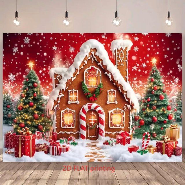 VIKAMA Weihnachts Wandteppich mit Lebkuchenhaus und Lichterkette in Schneeszene als Wandbehang zur Raumdekoration - Bild 1