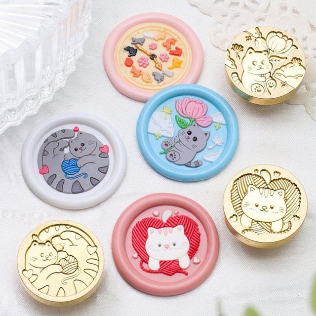 Cat Series Wachssiegel mit Lucky Cat Motiv aus Messing, Durchmesser: 25 mm, Gold und Multicolour - Bild 1