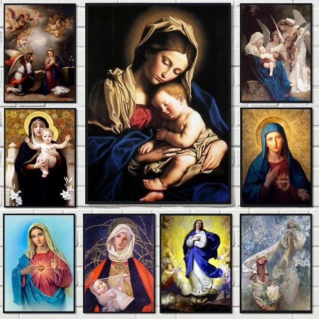 Religiöses Leinwandgemälde Potdemiel Jungfrau Maria Heiliges Herz Kunstwerk in Schwarz und Multicolour - Bild 1