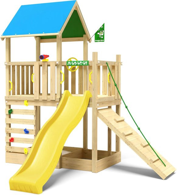 Jungle Gym Spielturm Wonder Holz mit Planendach Kletterrampe Rutsche Gelb - Bild 1