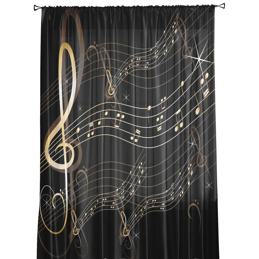 Transparente Musiknoten Vorhänge aus schwarzem Chiffon und Tüll für Wohnzimmer und Schlafzimmer, Breite: 135 cm, Höhe: 115 cm - Bild 2