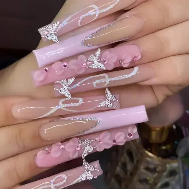 Qsezeny Kunstnägel, rosa Schmetterling mit Strasssteinen, Glänzend, 24 Stück - Bild 1