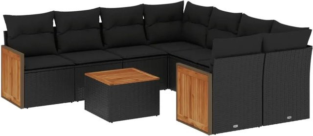 vidaXL 9-tlg. Garten-Sofagarnitur in L-Form aus Poly-Rattan und Akazienholz mit Kissen, Schwarz - Bild 1