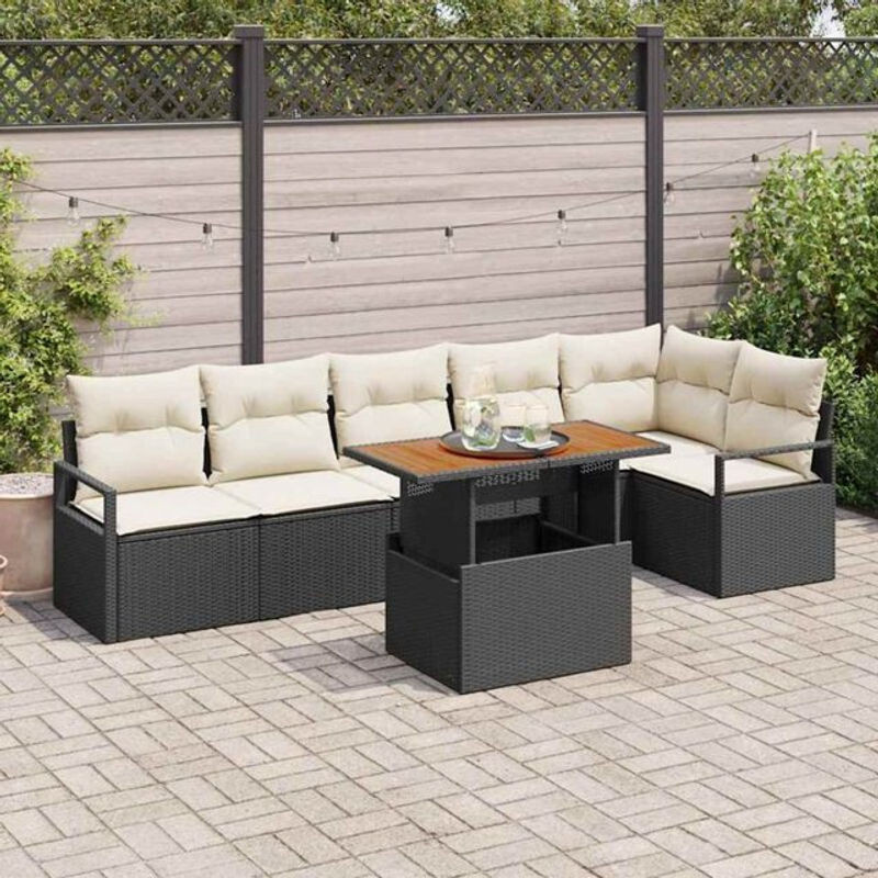 Vidaxl Garten Essgruppe aus Rattan, Metall und Massivholz, 7-teilig, Schwarz und Creme, B/T/H: 100 x 55 x 73 cm - Bild 1